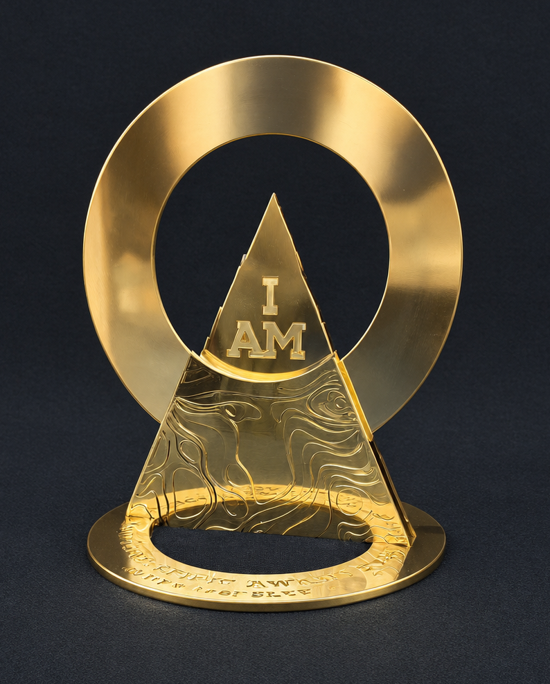 A brass award in shaped in a perfect hollow circle with a triangle in front and sitting on another circle. The legend I am is etched at the top of the triangle